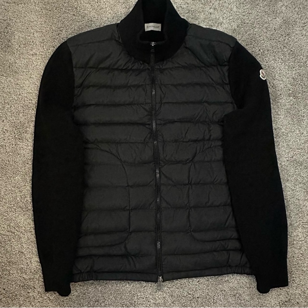 Moncler Black Puffer Jacket with Knit Sleeves